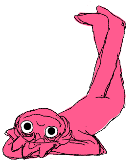 a cartoonish drawing of a short, androgynous, masc-leaning white person lying on their back with their arms behind their head and their legs crossed in the air. their head is stylized as a squashed rounded rectangular shape, and they are looking at the viewer with sleepy, heavy-lidded eyes. They have a short fluffy wolf cut and are wearing a hoodie and jeans.